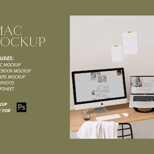 May include: A desktop setup featuring an iMac and a MacBook on a wooden desk. The image includes text: "IMAC MOCKUP" and "INCLUDES: 1 IMAC MOCKUP, 1 MACBOOK MOCKUP, 2 PAPERS MOCKUP, 1 HR PHOTO, 1 HELPSHEET". A keyboard, mouse, and glass are also visible.