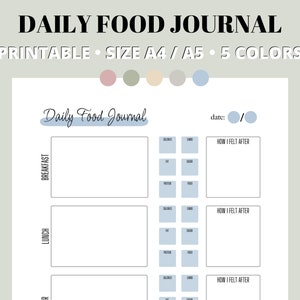 Daily Food Journal Calories/Macro Tracking Log Printable PDF, Planner Inserts, Grocery List, Recipe Template I A5, A4 size, 5 Color Options