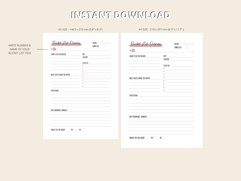 Bucket List Printable PDF, Bucket List Overview, Planner Inserts I A5