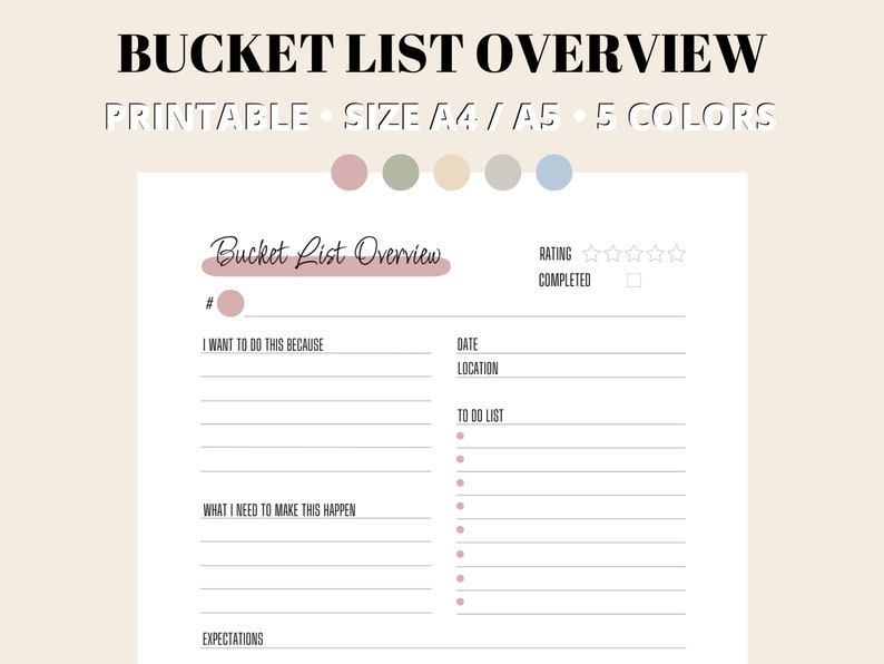 Bucket List Printable PDF, Bucket List Overview, Planner Inserts I A5