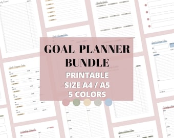 May include: A printable goal planner bundle in five colors: pink, green, blue, gray, and beige. The bundle includes a daily record, goal progress tracker, goal action plan, weekly action plan, monthly schedule, and study goals pages. The planner is available in A4 and A5 sizes.