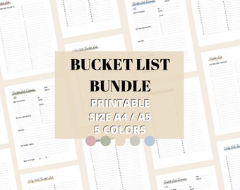 May include: A printable bucket list bundle in five colors: pink, green, gray, blue, and beige. The bundle includes printable bucket list templates in A4 and A5 sizes.