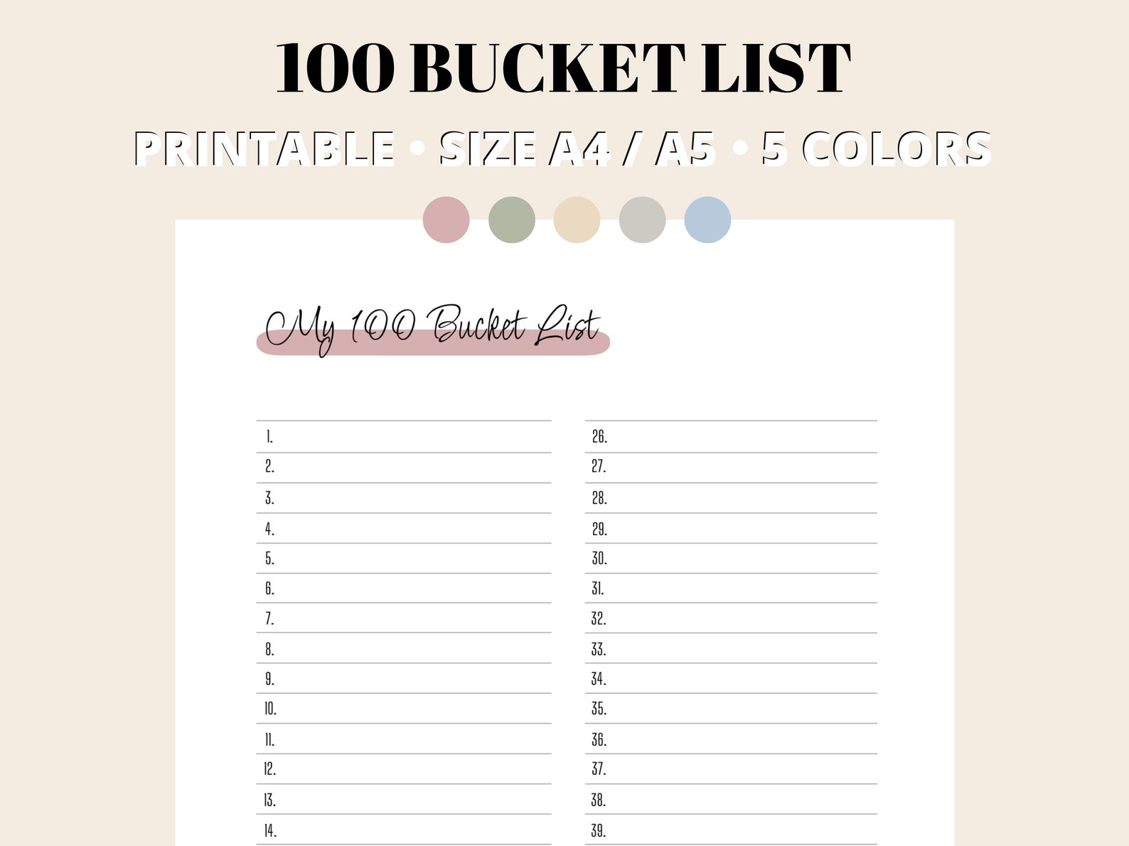 Bucket List Printable PDF, Bucket List Overview, Planner Inserts I A5