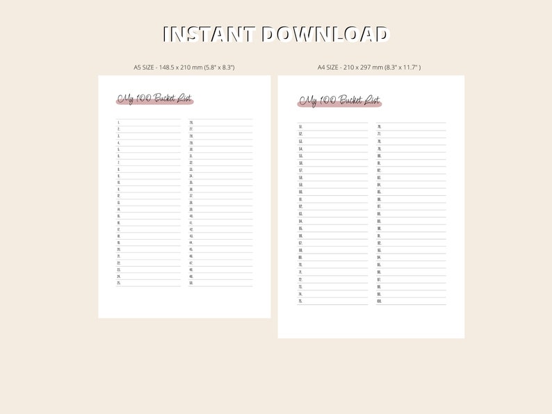 Bucket List Printable PDF, Bucket List Overview, Planner Inserts I A5