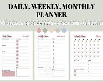 Ongedateerd Dagelijks Wekelijks Maandplanner, A4 A5-afdrukbaar (pdf)