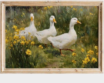 Vintage Duck Wall Art, Cottage Meadow Print, Farmhouse Animal Decor