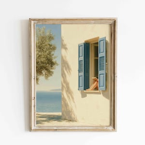 Woman Reading in Window Wall Art, Mediterranean Blue Shutter Print, Coastal Summer Decor