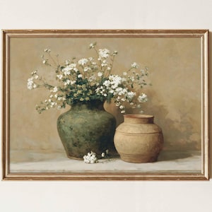 Vintage Floral Still Life Print, Rustic Pottery Vase Wildflowers, Mediterranean Wall Art, Digital Download
