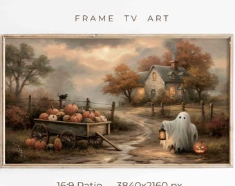 Halloween Ghost Frame TV Art, Autumn Cottage Pumpkin Wagon Screensaver, Samsung Tv Decor