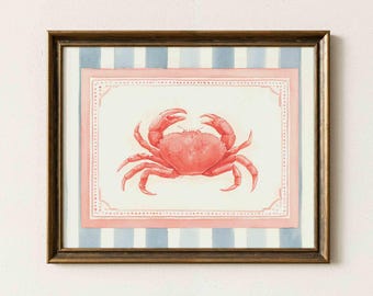 Watercolor Crab Wall Art, Coastal Beach House Print, Preppy Nautical Decor