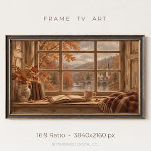 Puede incluir: Una impresión de arte digital rectangular para televisor Frame con el texto FRAME TV ART, 16:9 Ratio - 3840x2160 px, y BITTERSWEET DIGITAL CO. La imagen muestra una vista desde una ventana a un paisaje otoñal con un jarrón, libros y una taza.