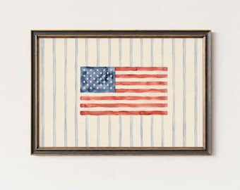 Arte de parede em aquarela com a bandeira americana, estampa patriótica listrada, decoração para o 4 de julho, download digital.