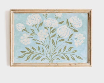 Blue Green Floral Wall Art, Botanical Fine Art Print, Grandmillennial Cottage Decor