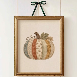 Cuadro decorativo de calabazas estilo patchwork, estampado otoñal estilo cottagecore, decoración acogedora de Halloween estilo granja.