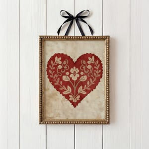 Vintage Red Folk Art Heart Print, Scandinavian Wall Decor, Rustic Farmhouse Prints, Cottagecore Decor