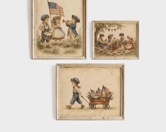 Conjunto de quadros infantis vintage com tema patriótico, decoração para desfile de 4 de julho, download digital.