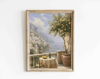 Mediterranean Lemon Tree Wall Art, Italian Coastal Landscape Print, Amalfi Coast Decor