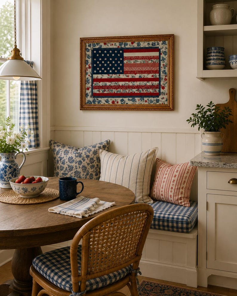 Pode incluir: Um canto de cozinha acolhedor com uma mesa redonda de madeira, uma cadeira de vime e um banco embutido. Na parede, um edredom com a bandeira americana emoldurado. Almofadas e almofadas com padr&otilde;es azuis e brancos.
