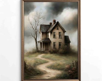 Moody Haunted House Wall Art, Spooky Country Cottage Print, Gothic Halloween Decor