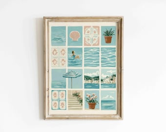 Summer Coastal Collage Wall Art, Mediterranean Tile Print, Vintage Beach House Decor