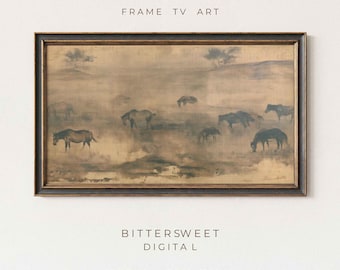 Cuadro decorativo para TV con paisaje de caballos melancólicos, pintura antigua de rancho del oeste, descarga digital neutra.