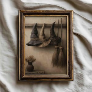 Decoración de pared con sombreros y escobas de bruja, lámina rústica de Halloween, decoración vintage estilo witchcore.