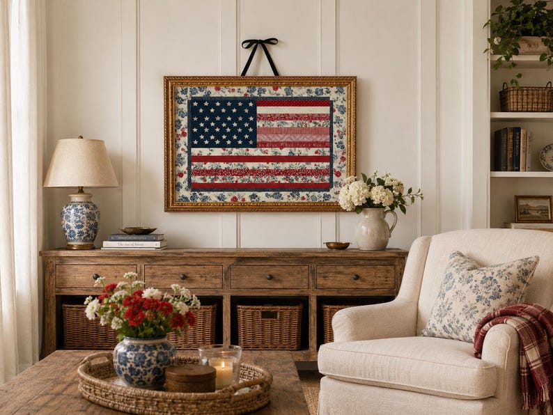 Framed American flag quilt wall art styled in a cozy farmhouse living room with flowers, wood furniture and patriotic decor.
