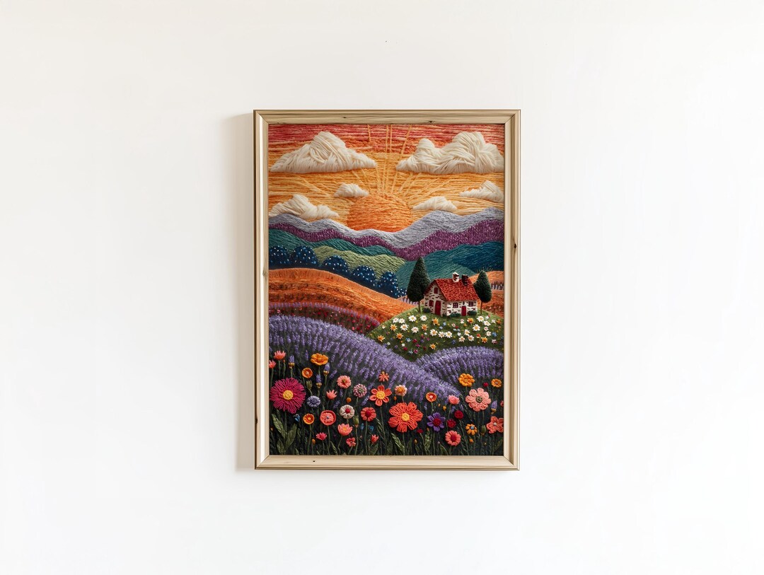Embroidery Wall Art, Colorful Wildflower, Landscape Punch Needle Print ...