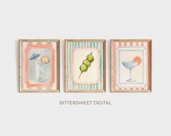 Watercolor Cocktail Wall Art Set of 3, Striped Bar Cart Prints, Preppy Kitchen Decor