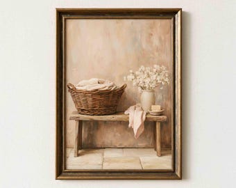 Rustic Bathroom Laundry Basket Bench Wall Art, Vintage Farmhouse Decor (Digital Download)