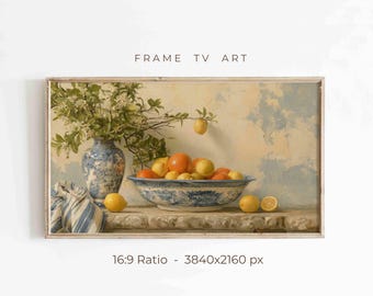 Vintage Lemon Frame TV Art, Blue Chinoiserie Still Life, Mediterranean Kitchen Decor