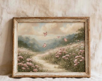 Butterfly Meadow Wall Art, Pink Wildflower Landscape Print, Cottagecore Decor
