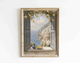 Amalfi Coast Wall Art, Lemon Tree Window Print, Mediterranean Coastal Decor