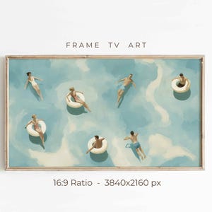 Tiny People Swimming Frame TV Art, Summer Pool Painting, Coastal Beach House Decor