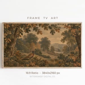 Op de afbeelding: Een digitaal landschapskunstwerk voor een televisiescherm met een fazant in een bosrijke omgeving met herfstkleurige bladeren, bomen en een pad in de verte. De tekst FRAME TV ART, 16:9 Ratio - 3840x2160 px en BITTERSWEET DIGITAL CO. is zichtbaar.