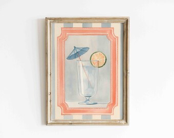 Watercolor Summer Cocktail Wall Art, Lime Drink Print, Preppy Bar Cart Decor