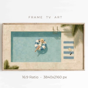 May include: A digital artwork titled FRAME TV ART featuring an aerial view of a rectangular swimming pool with light blue water. A person in a white swimsuit and straw hat floats on a blue and white striped inner tube. A striped towel lies nearby.