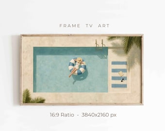 Aerial Poolside Frame TV Art, Blue Pool Float Coastal Screensaver, Samsung Tv Decor
