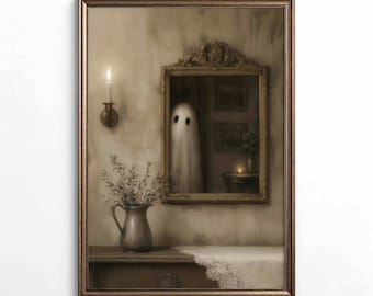 Spooky Ghost in Mirror Wall Art, Vintage Halloween Print, Haunted House Decor