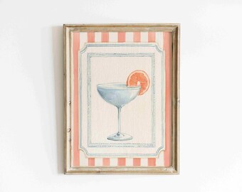 Watercolor Cocktail Wall Art, Grapefruit Drink Print, Preppy Bar Cart Decor