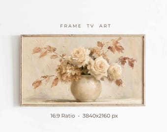 Neutral Floral Frame TV Art, Cream Rose Still Life Screensaver, Samsung Tv Decor