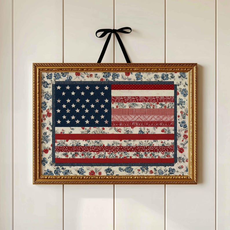 Vintage floral American flag wall art in a gold frame on a white paneled wall.