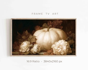 White Pumpkin Frame TV Art, Neutral Fall Floral Screensaver, Samsung Tv Decor
