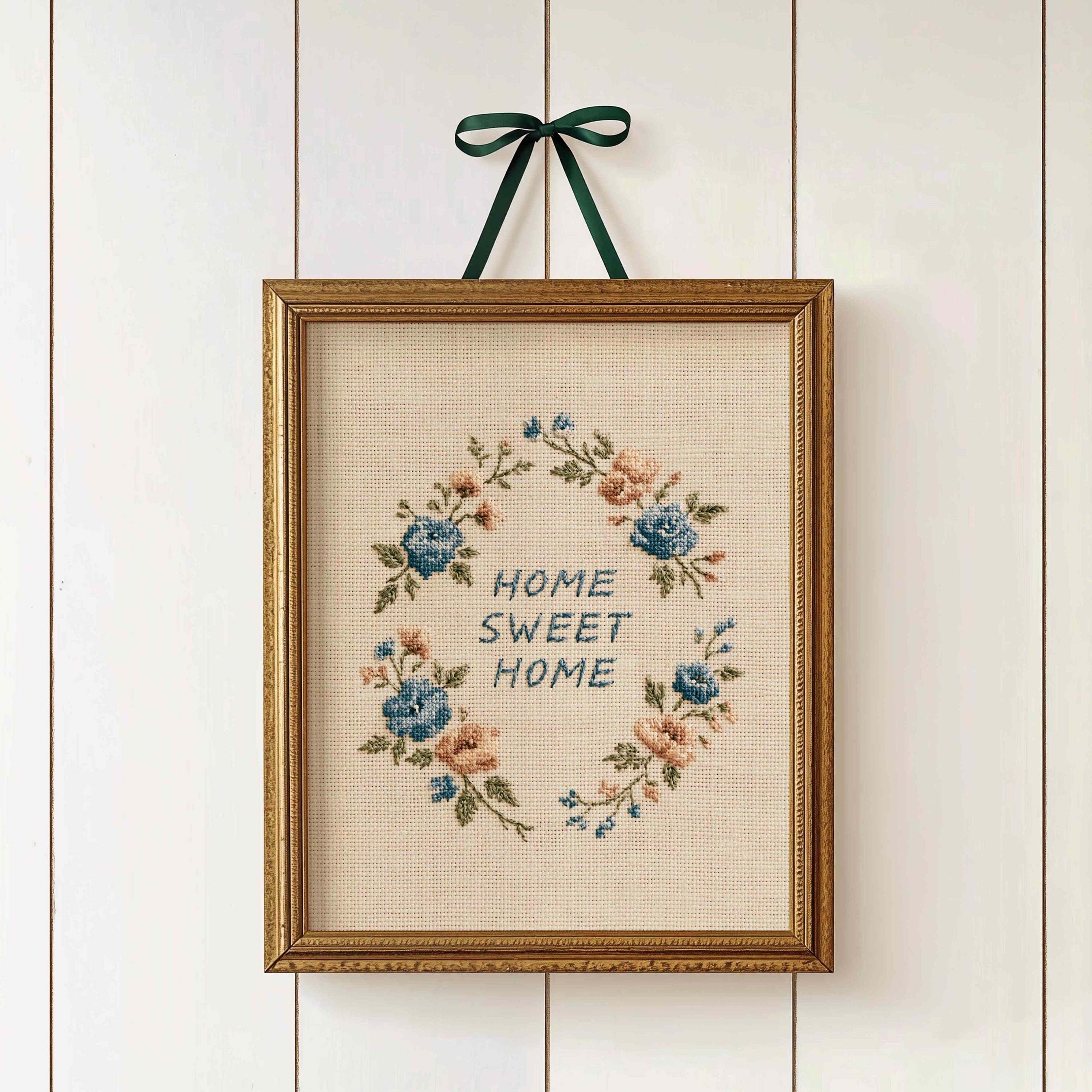 Home Sweet Home Embroidery Wall Art, Floral Wreath Cross Stitch Print, Farmhouse Kitchen Decor