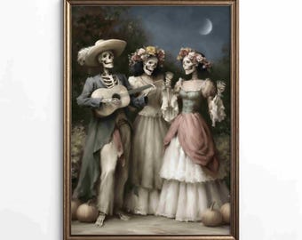 Vintage Skeleton Musicians Wall Art, Gothic Halloween Print, Dark Folk Decor