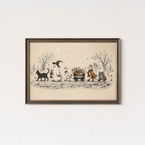 Muurdecoratie met Halloween-parade-thema, vintage prentenboekprint, speelse herfstdecoratie