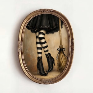 May include: An oval-framed wall art piece depicting a pair of legs wearing black and white horizontal striped stockings and black pointed-toe high-heeled boots. A straw broom with a black ribbon bow stands beside the legs under a black skirt.