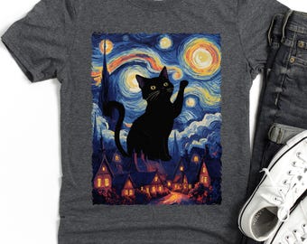 -shirt nuit étoilée chat | Un chat inspiré de Van Gogh qui cherche la vedette