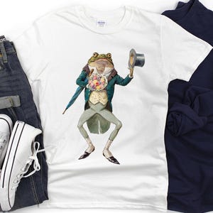 Grillig grafisch T-shirt kikker, vintage stijl, uniseks shirt, hoge hoed paraplu bloemen kikker T-shirt, shirt grappig pad, shirt grappig pad