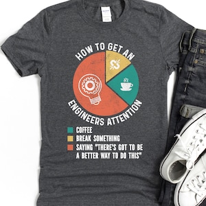 May include: Dark gray t-shirt with a graphic that reads "How to Get an Engineers Attention." The graphic is a pie chart with sections for coffee, breaking something, and saying "There's got to be a better way to do this."